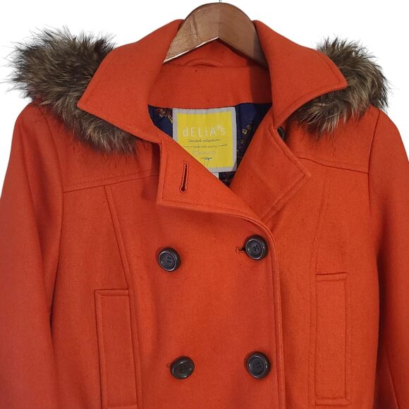 Delias Women's Pea Coat Double Breast Lined Fur Trim Hood Orange L - Picture 3 of 9